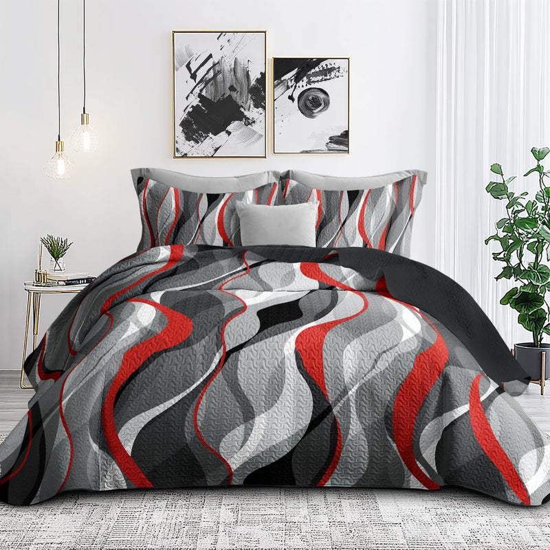 weesire Classic Line Pattern Bedding Quilt Queen Size Modern Grey Red and Black Stripe Quilt with 2 Shams  Gray and Red Comforter Sets Lightweight Breathable Bedspreads Coverlet  90''x96'' - Image 1